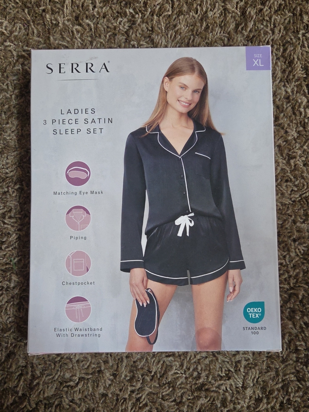 Serra Black Satin 3-Piece Pajama Set with White Piping